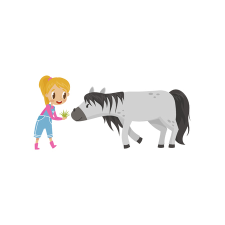 Cute litlle girl feeding horse with green grass, equestrian sport concept cartoon vector illustration on a white background