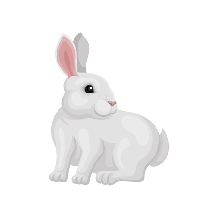 Small white rabbit sitting and looking around, side view. Animal with long ears and short tail. Cute home pet. Graphic element for postcard or banner. Flat vector design isolated on white background.