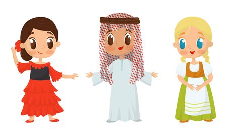 Big eyed kids characters wearing traditional costumes vector set