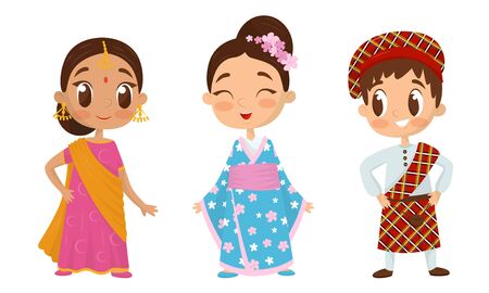 Big eyed kids characters wearing traditional costumes vector set