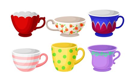 Set of bright colorful tea or coffee cups with different patterns and design. flat vector illustration, isolated on white background, cartoon character.
