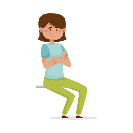 Young Female with Crossed Arms Sitting Alone Outdoor and Smiling Vector Illustration