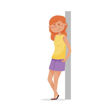 Red-haired Woman with Her Hands in the Pockets Leaning Against the Wall and Smiling Vector Illustration