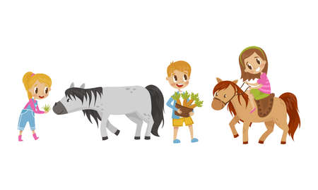Cute kid feeding their horses with grass and carrot vector set Stock Photo