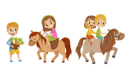 Cute kid feeding their horses with carrot and sitting on horseback vector set