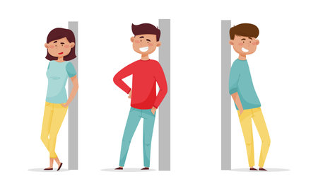 People leaned against the wall set. Cheerful relaxed young man and woman cartoon vector illustration isolated on white background
