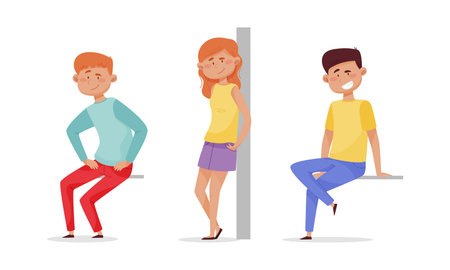 People sitting and standing leaned against the wall set. Cheerful relaxed young man and woman cartoon vector illustration Vector Illustration