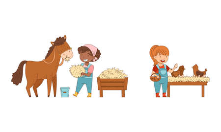 Cute kids working on farm set. girls feeding horse with hay and collecting fresh eggs cartoon vector illustration