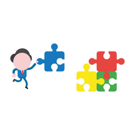 疑問符と3つのパズルピースがつながっていて1ピースが欠けているのと混同したビジネスマンキャラクターのベクトルイラスト のイラスト素材 ベクタ Image