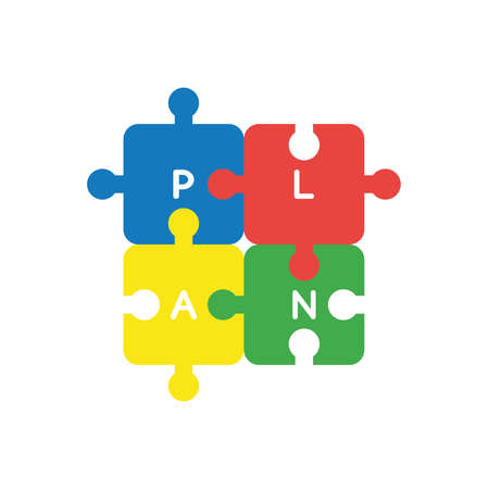 4つのパズルジグソーパズルピースのベクトルイラストコンセプトが接続されています のイラスト素材 ベクタ Image