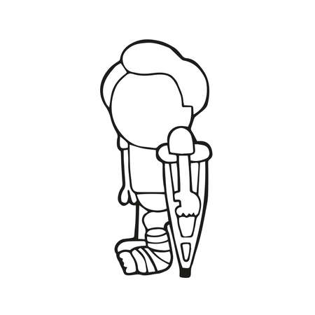 Vector hand-drawn cartoon illustration of man standing with leg in cast holding crutches. Stock Photo