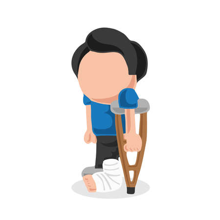 Vector hand-drawn cartoon illustration of man standing with leg in cast holding crutches.