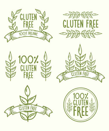 グルテン フリー食品バイオ シール ラベル コレクション 有機食品のエンブレム 穀物 小麦 手描きスケッチのベクター イラストです のイラスト素材 ベクタ Image
