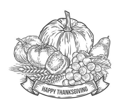 感謝祭秋の宝庫祭エンブレム モノクロのビンテージ彫刻新鮮な有機野菜 小麦 果物記号白い背景に分離されました スケッチ ベクトル手描きイラスト のイラスト素材 ベクタ Image