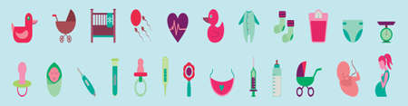 Set of maternity and baby object modern cartoon icon design template with various models. vector illustration isolated on blue background