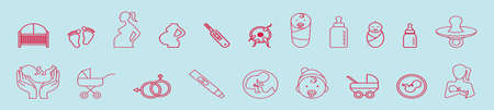 Set of maternity and baby object cartoon icon design template with various models. vector illustration isolated on blue background Stock Photo