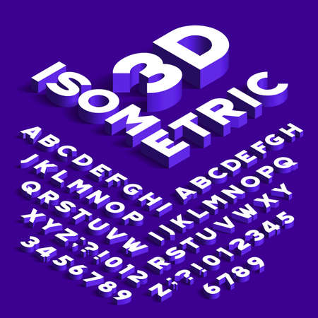 Isometric alphabet font. 3d effect letters, numbers and symbols with shadows. stock vector typeface for any typography design.