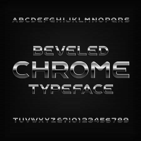 Chrome effect alphabet font. metal beveled letters numbers and symbols. stock vector typeface for any typography design.