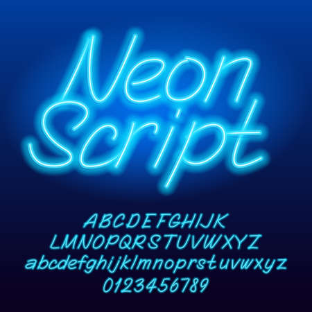 Neon script alphabet font. blue color lowercase and uppercase shiny letters and numbers. stock vector typescript for your typography design.