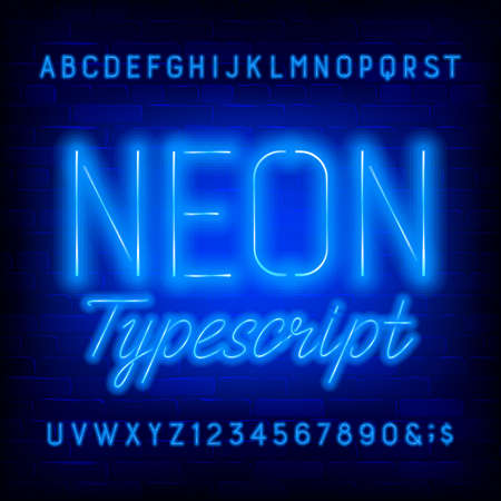 Blue neon alphabet font. simple light bulb letters and numbers. stock vector typeface for your typography design.