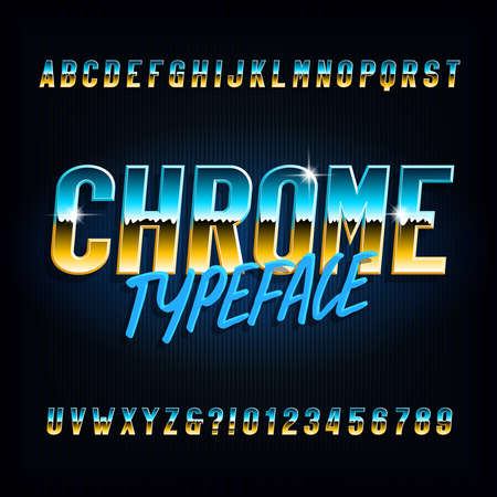 Chrome alphabet font. metallic effect narrow letters and numbers on dark background. stock vector typescript for your typography design. Ilustrações vetoriais