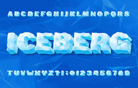 Iceberg alphabet font. 3d ice letters and numbers with shadow. abstract geometric background. stock vector typeface for your typography design.