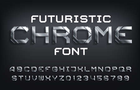 Futuristic chrome alphabet font. metallic letters, numbers and symbols with shadow. stock vector typescript for your design.