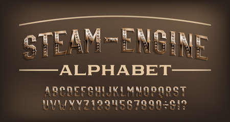 Steam-engine alphabet font. steampunk rusty rivet and numbers. stock vector typescript for your design.