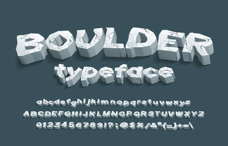 Boulder alphabet font. 3d cracked stone letters, numbers and punctuation. uppercase and lowercase. stock vector typescript for your typography design. Ilustrações vetoriais