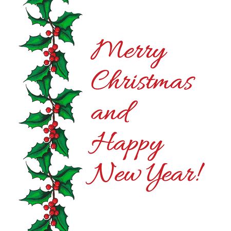 手描きのヒイラギのリース クリスマス ヤドリギ ビンテージ イラスト クリスマスと休日の装飾です のイラスト素材 ベクタ Image
