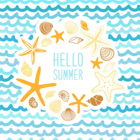手でかわいいビンテージ フレーム描画貝殻とヒトデや手書きのテキスト夏のセールのイラスト素材 ベクタ Image