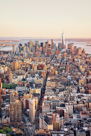 Aerial view of skyline with skyscrapers in downtown manhattan and lower manhattan new york america