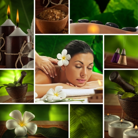 Massage: Spa тема коллажа состоит из различных изображений Фото со стока