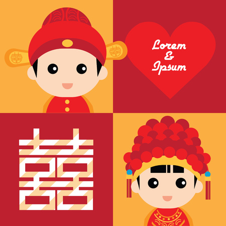中国の伝統的な結婚式の衣装でかわいいカップルのイラストのイラスト素材 ベクタ Image