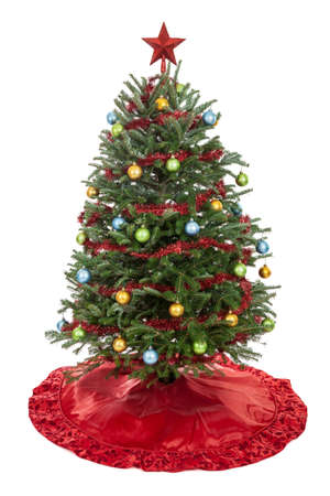 christmas tree with skirt garland oranaments and star isolated on white stock photo - Christmas Tree With Garland christmas tree with skirt garland oranaments and star isolated on white stock photo - Christmas Tree With Garland