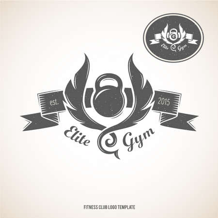 Fitness club logo template with kettlebell, ribbon and stylized wings. Vector illustration EPS 10.