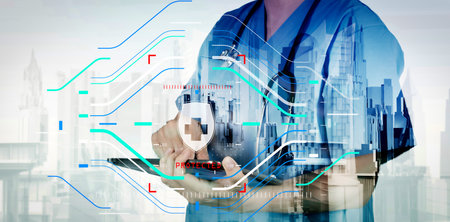 Health protection. Medical and health care concept.Double exposure of smart medical doctor working with abstract city as concept 