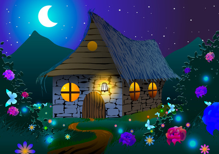 Moonlight lanterns: Vector minh họa. nhà cổ tích trên một đồng cỏ hoa và bướm vào ban đêm.