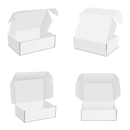 Set of square mailing cardboard boxes with opened lid front side back view isolated on white background vector illustration