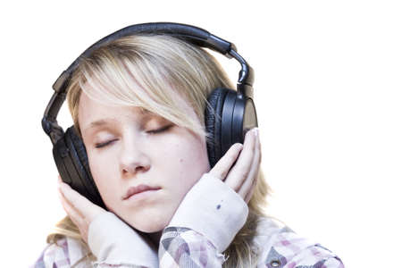 Young Teen Fille écoutant De La Musique Sur Son Casque Banque D