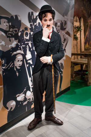 Amsterdam, Netherlands - September 05, 2017: Wax figure of Sir Charles Spencer Charlie Chaplin, English comic actor in Madame Tussauds Wax museum in Amsterdam, Netherlands