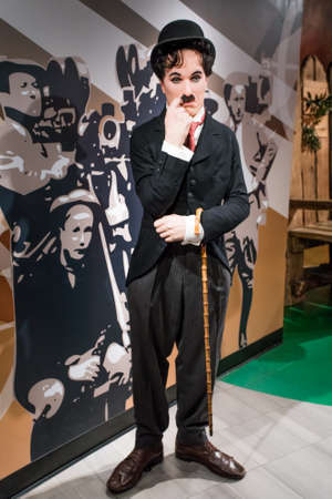 Amsterdam, Netherlands - September 05, 2017: Wax figure of Sir Charles Spencer Charlie Chaplin, English comic actor in Madame Tussauds Wax museum in Amsterdam, Netherlands