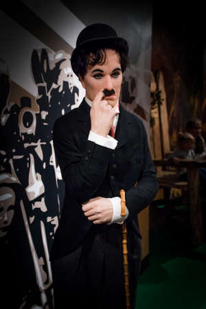 Amsterdam, Netherlands - September 05, 2017: Wax figure of Sir Charles Spencer Charlie Chaplin, English comic actor in Madame Tussauds Wax museum in Amsterdam, Netherlands