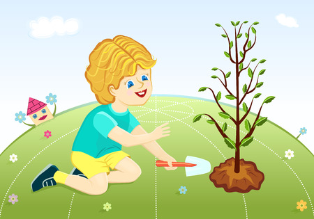 Save our green planet - cute boy planting tree.