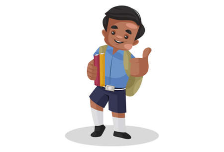 Vector graphic illustration. school boy is holding a notebook in one hand and showing thumbs up with other hand. individually on white background. Stock Photo