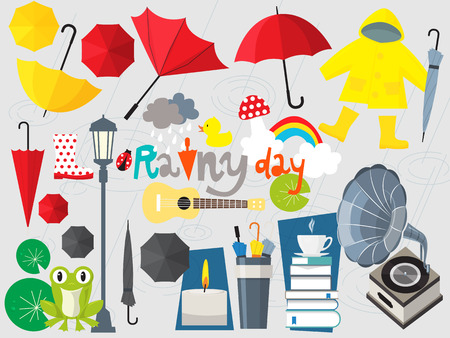 pluie: Rainy Day illustration, ensemble parapluie, la saison des pluies Illustration