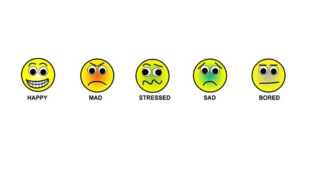 Illustration Von Emoticons Einschliesslich Glucklich Traurig Gestresst Wutend Gelangweilt Diese Smiley Gesichter Zeigen Eine Vielzahl Von Emotionen Die Ein Mensch Durch Reichen Kann Wahrend Eines Arbeitstages Lizenzfrei Nutzbare Vektorgrafiken