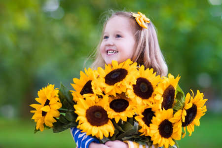 Sun flower: Glückliches lachendes kleines Mädchen mit Sonnenblumen Bouquet. Kind spielt mit Sonnenblumen. Kinder, die frische Sonnenblumen im Garten. Kinder im Sommer im Garten. Outdoor-Spaß für Familien. Lizenzfreie Bilder