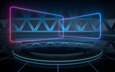 Dark outer space room with empty stage, 3d rendering. computer digital drawing.