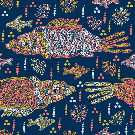 魚や貝が川で泳ぐ。オーストラリアのアボリジニアート。ポイント